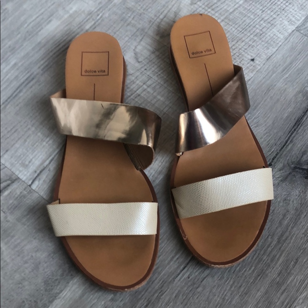 Gold & nude strap low wedge sandal